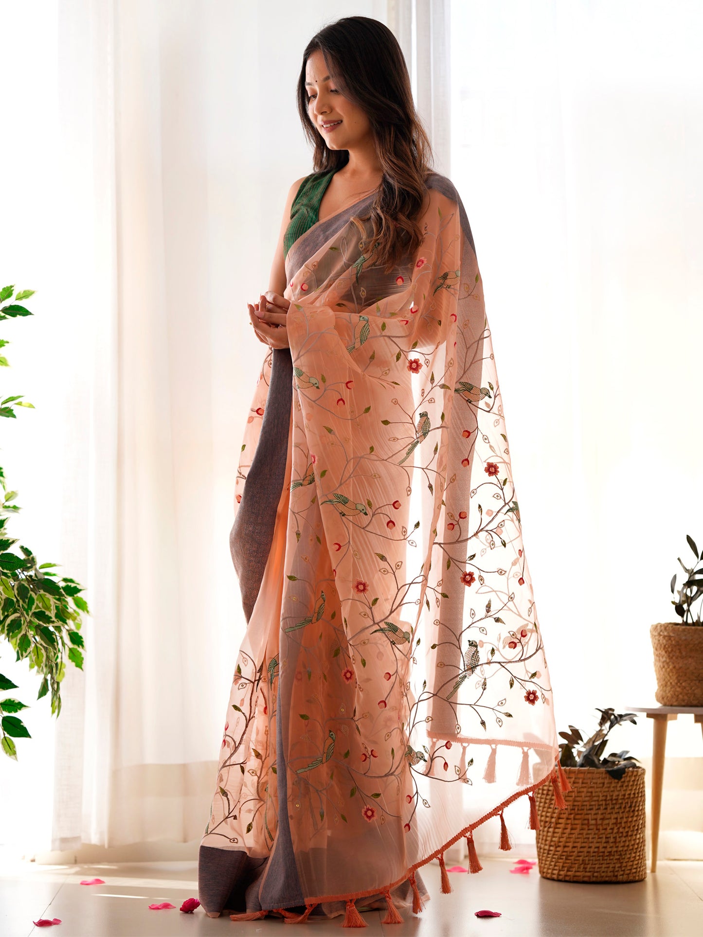 Women's Organza Peach Embroidered Designer Saree With Blouse Piece