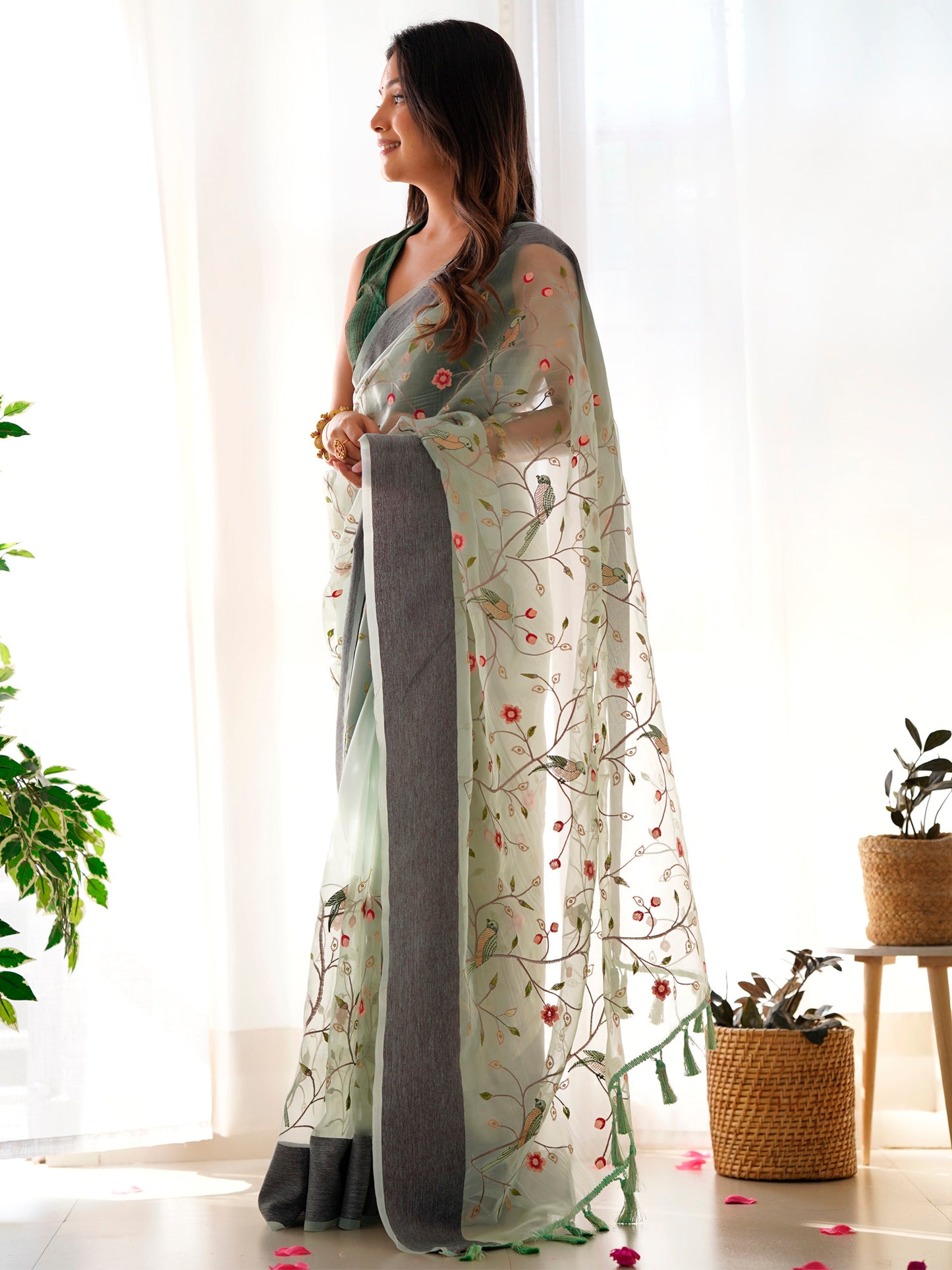 Women's Organza Light Blue Embroidered Designer Saree With Blouse Piece