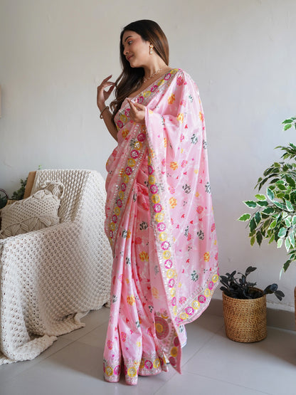 Women's Silk Blend Pink Embellished Designer Saree With Blouse Piece