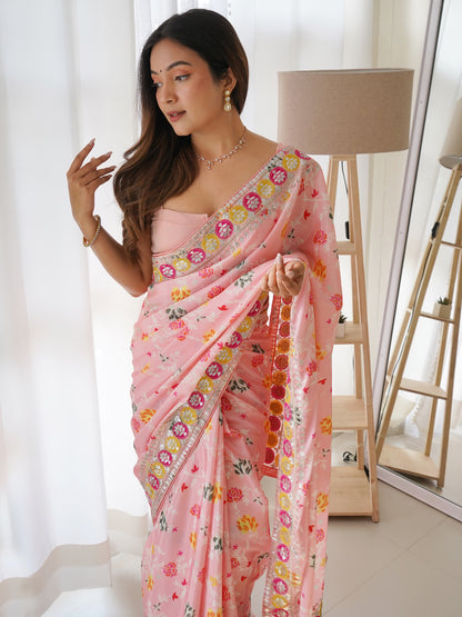 Women's Silk Blend Pink Embellished Designer Saree With Blouse Piece