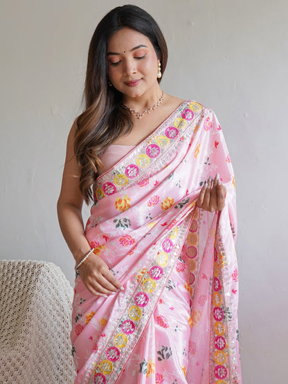 Women's Silk Blend Pink Embellished Designer Saree With Blouse Piece