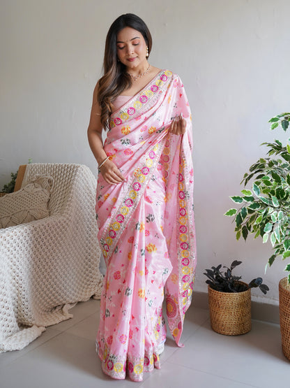 Women's Silk Blend Pink Embellished Designer Saree With Blouse Piece