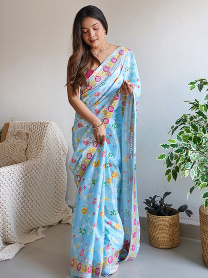 Women's Silk Blend Blue Embellished Designer Saree With Blouse Piece