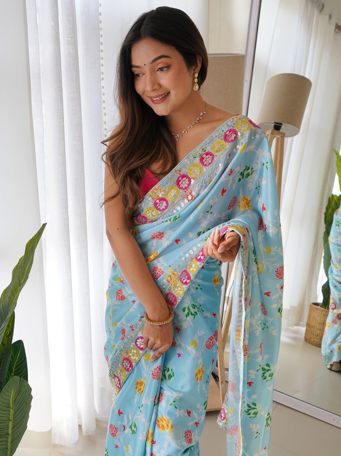 Women's Silk Blend Blue Embellished Designer Saree With Blouse Piece