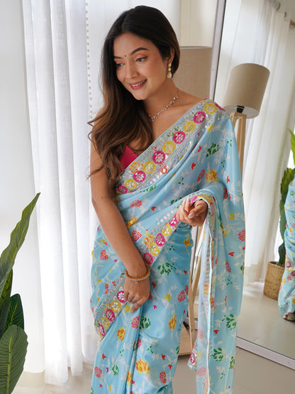 Women's Silk Blend Blue Embellished Designer Saree With Blouse Piece