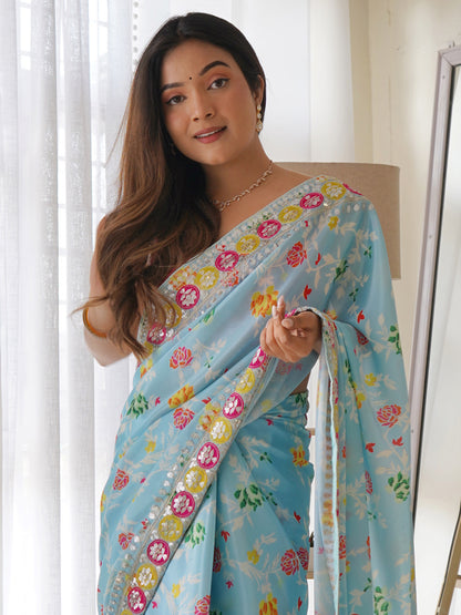 Women's Silk Blend Blue Embellished Designer Saree With Blouse Piece