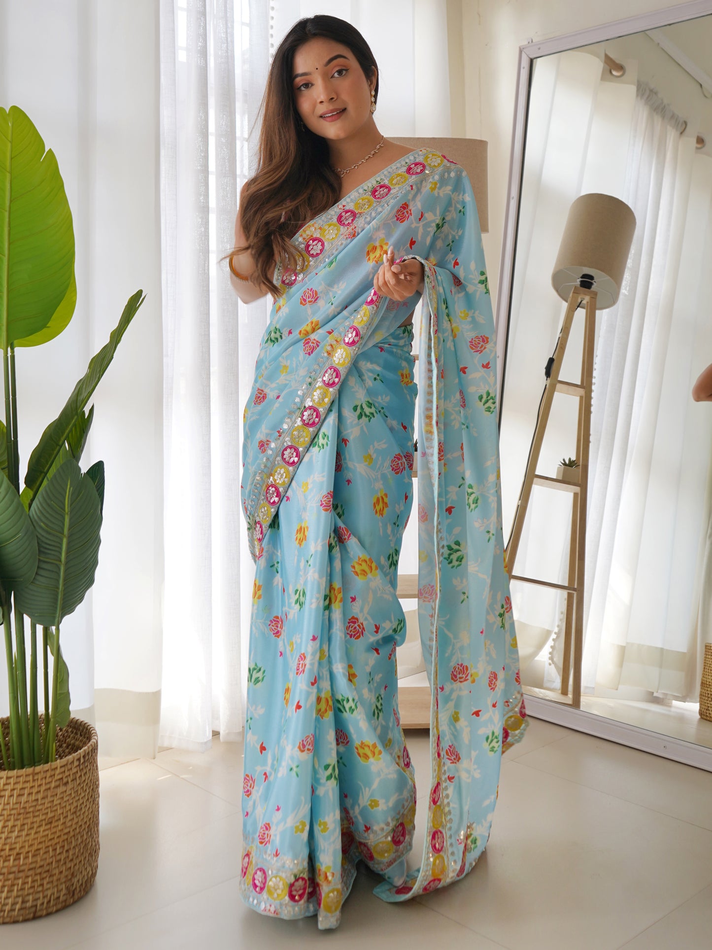 Women's Silk Blend Blue Embellished Designer Saree With Blouse Piece