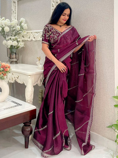 Women's Organza Purple Embellished Designer Saree With Blouse Piece