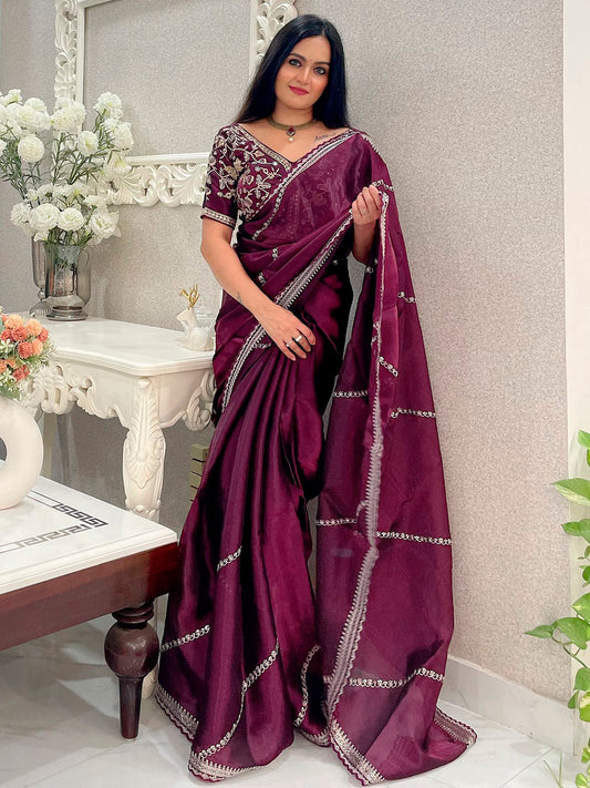 Women's Organza Purple Embellished Designer Saree With Blouse Piece
