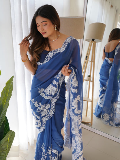 Women's Organza Blue Embroidered Designer Saree With Blouse Piece