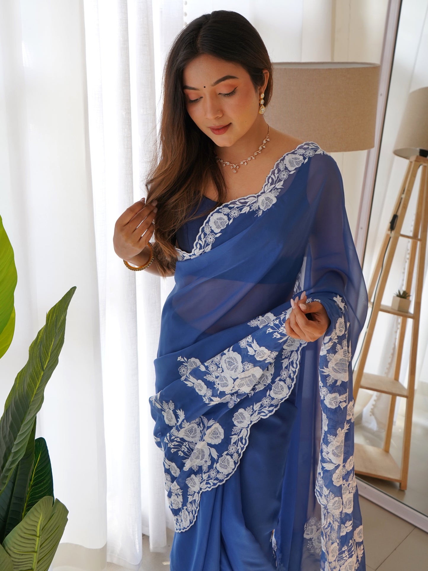 Women's Organza Blue Embroidered Designer Saree With Blouse Piece
