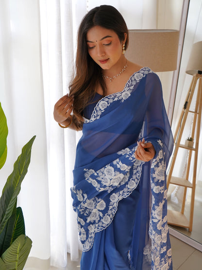 Women's Organza Blue Embroidered Designer Saree With Blouse Piece