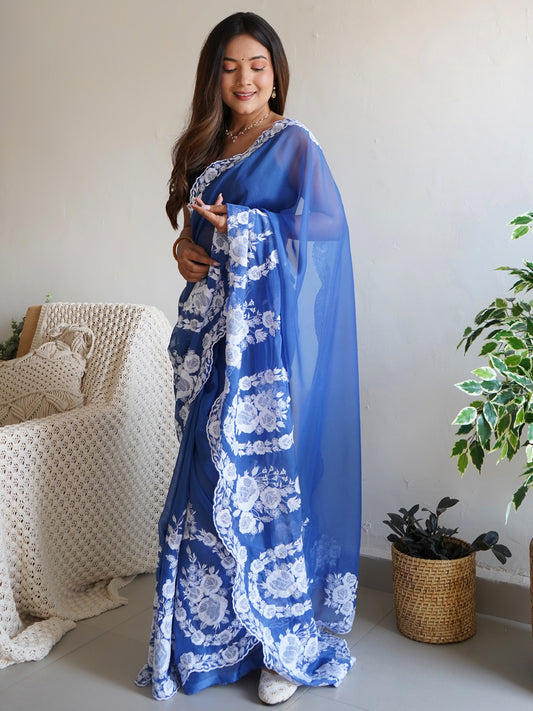 Women's Organza Blue Embroidered Designer Saree With Blouse Piece