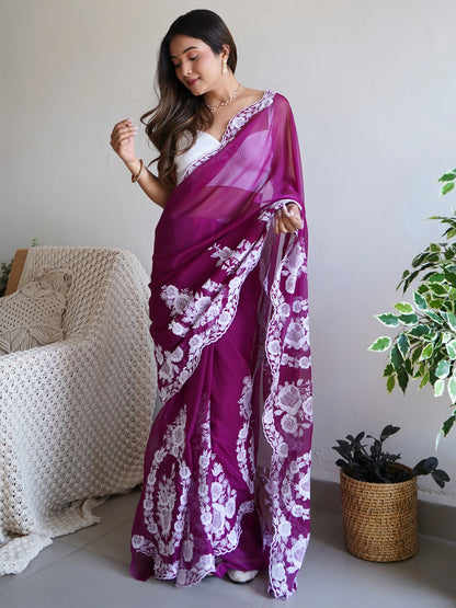 Women's Organza Purple Embroidered Designer Saree With Blouse Piece