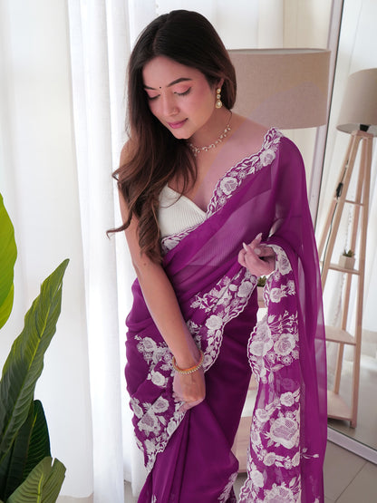 Women's Organza Purple Embroidered Designer Saree With Blouse Piece