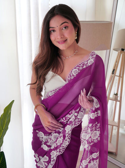 Women's Organza Purple Embroidered Designer Saree With Blouse Piece