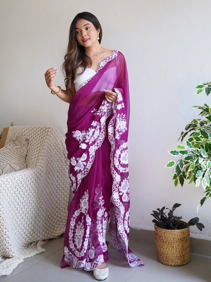 Women's Organza Purple Embroidered Designer Saree With Blouse Piece