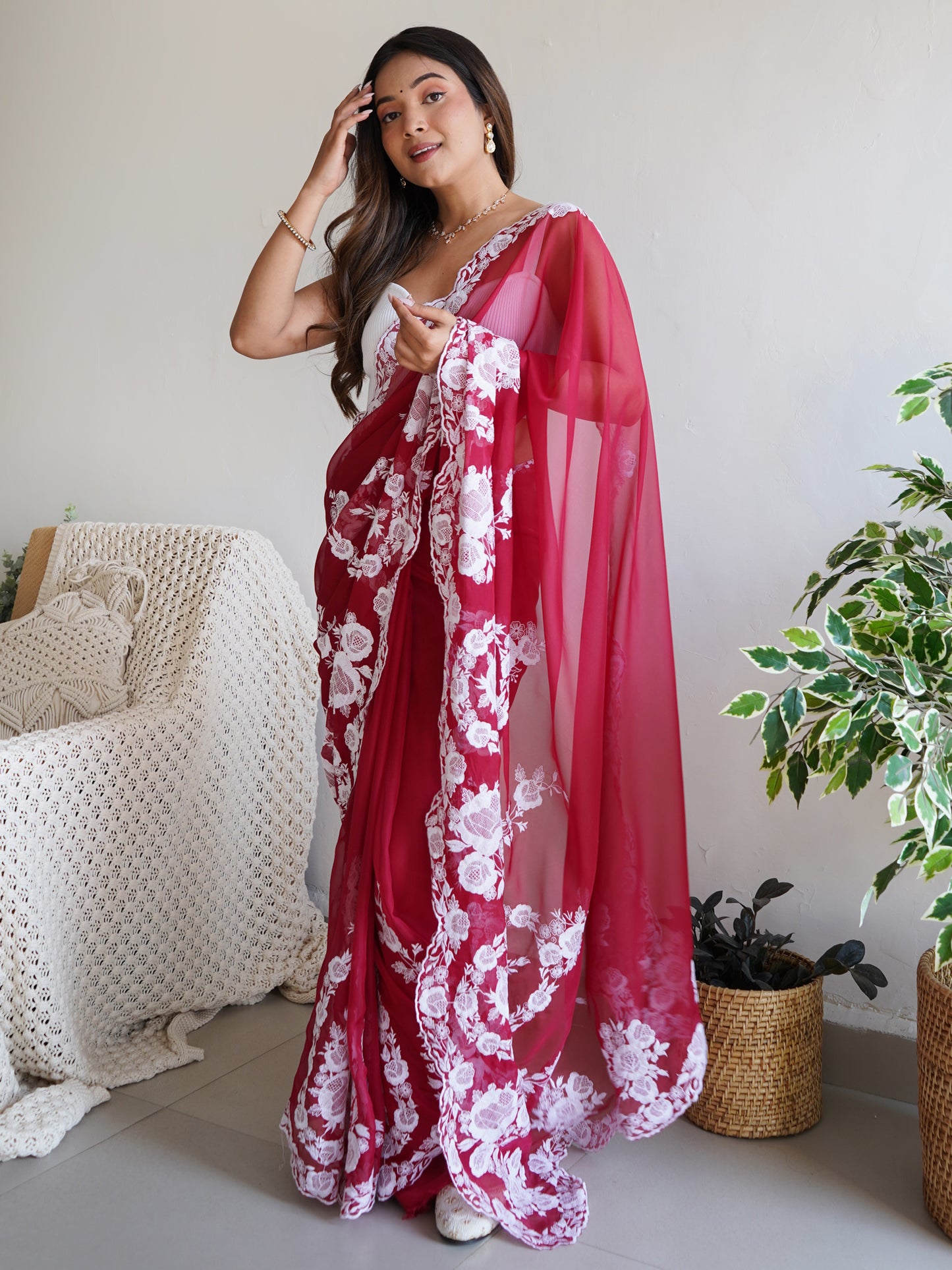 Women's Organza Maroon Embroidered Designer Saree With Blouse Piece