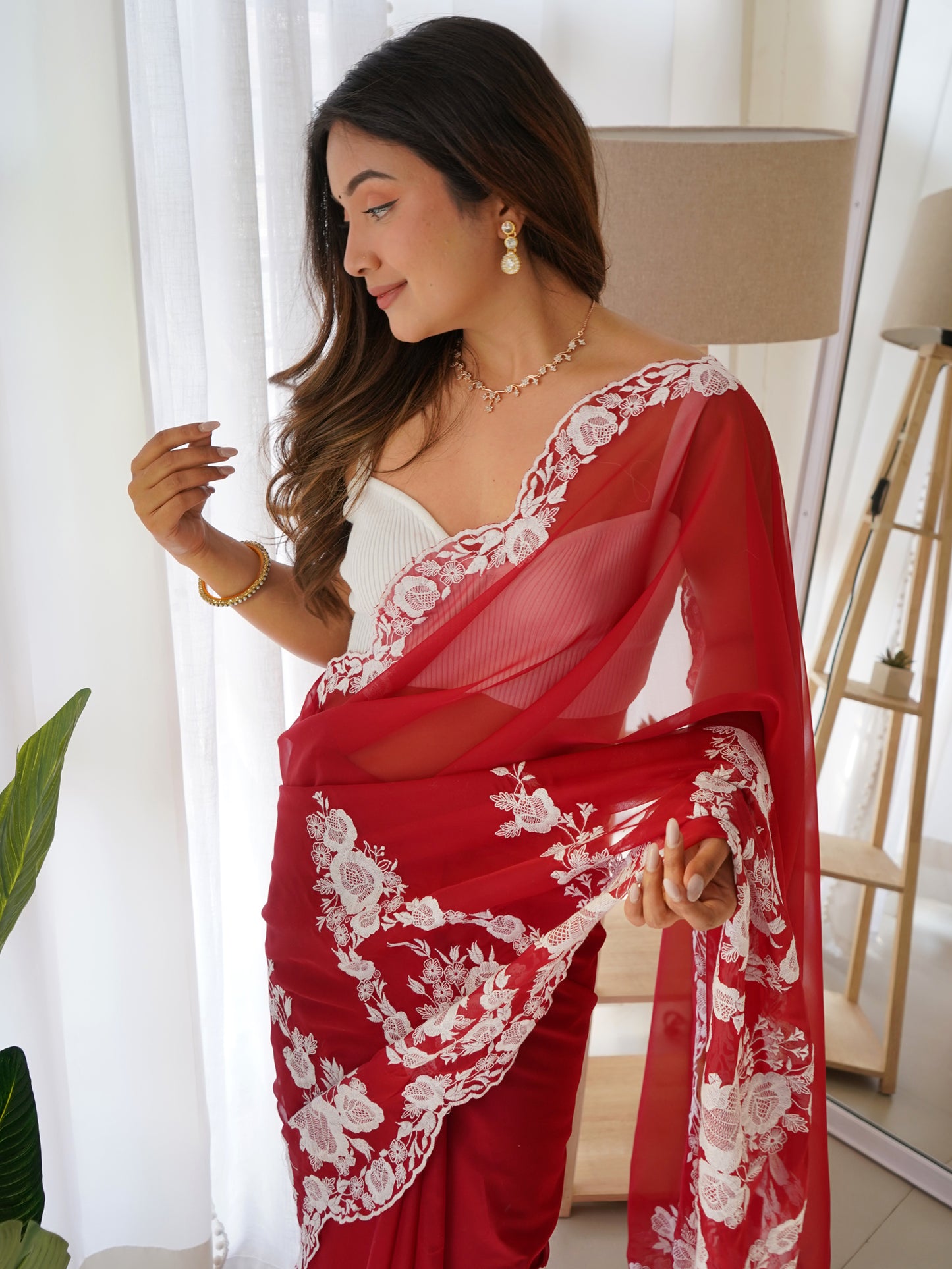 Women's Organza Maroon Embroidered Designer Saree With Blouse Piece