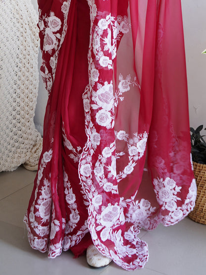 Women's Organza Maroon Embroidered Designer Saree With Blouse Piece