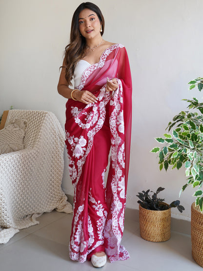 Women's Organza Maroon Embroidered Designer Saree With Blouse Piece