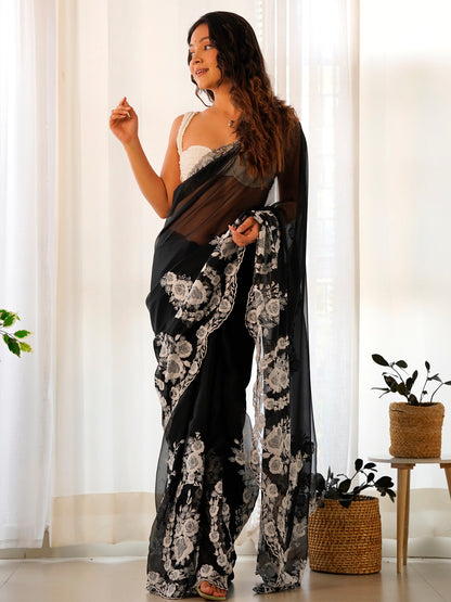 Women's Organza Black Embroidered Designer Saree With Blouse Piece