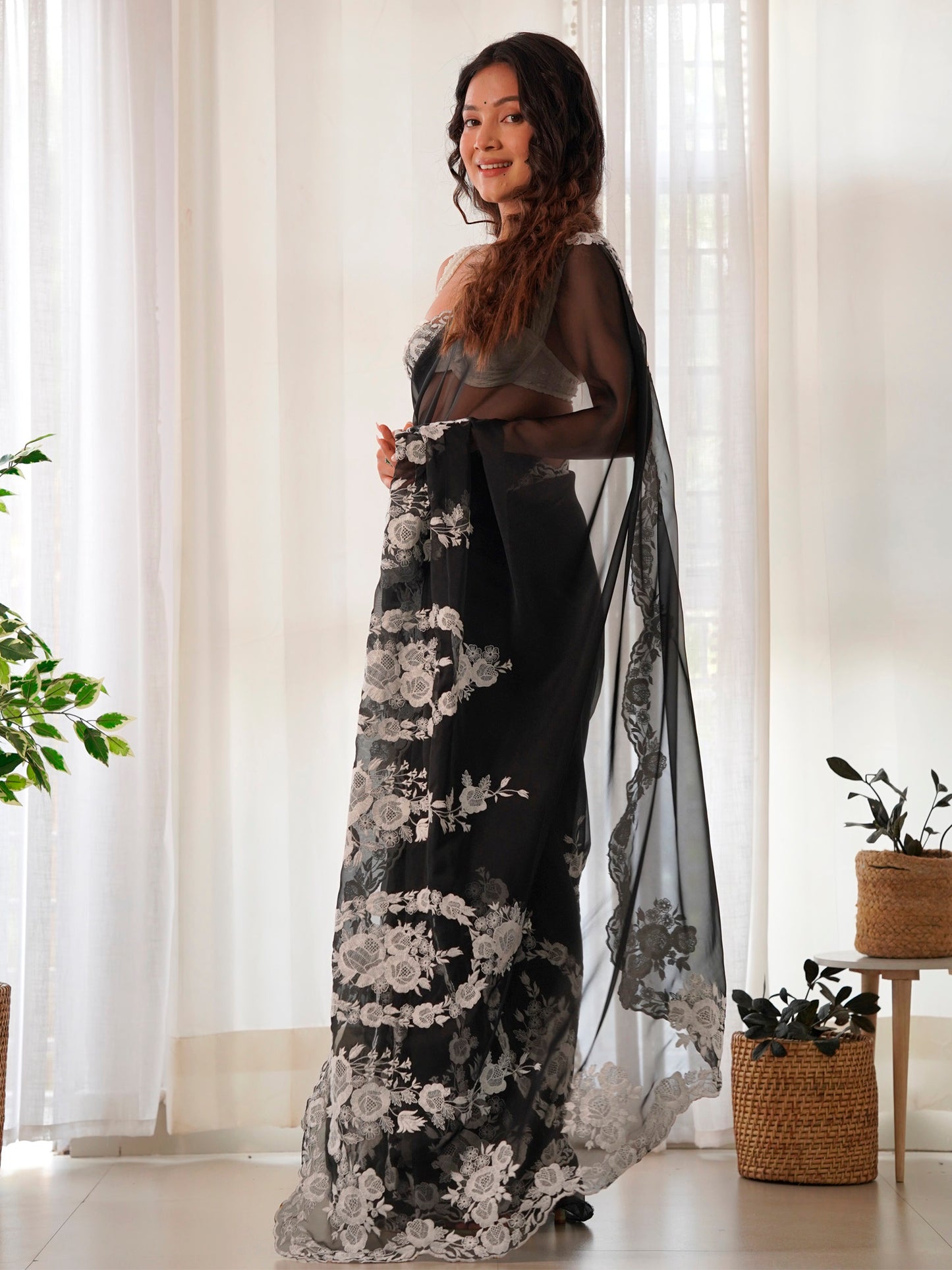 Women's Organza Black Embroidered Designer Saree With Blouse Piece