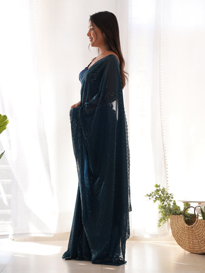 Women's Georgette Teal blue Embellished Designer Saree With Blouse Piece