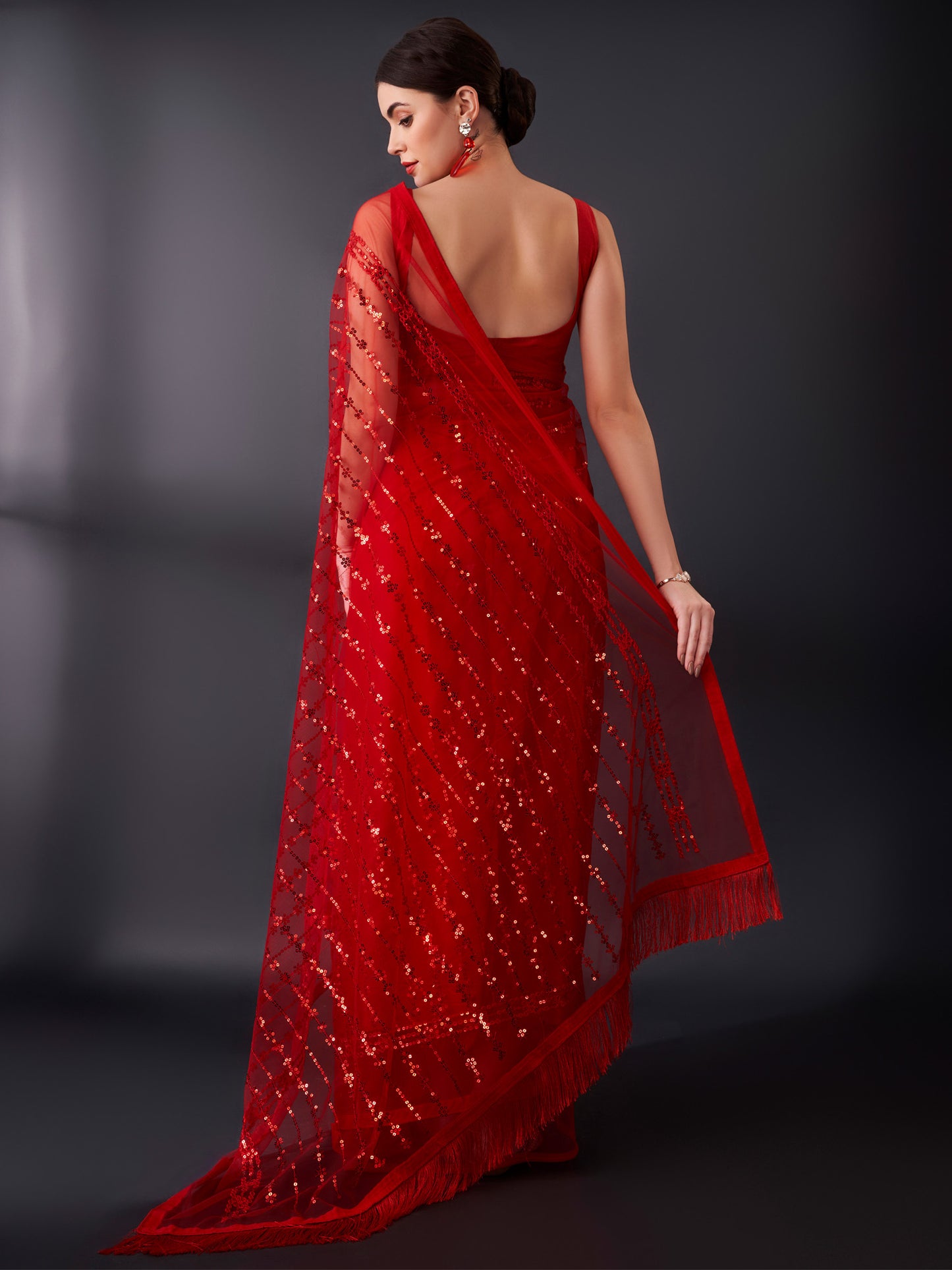 Women's Net Red Embellished Designer Saree With Blouse Piece