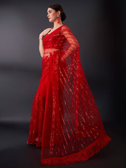 Women's Net Red Embellished Designer Saree With Blouse Piece