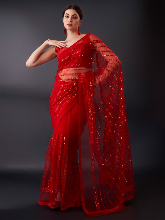 Women's Net Red Embellished Designer Saree With Blouse Piece