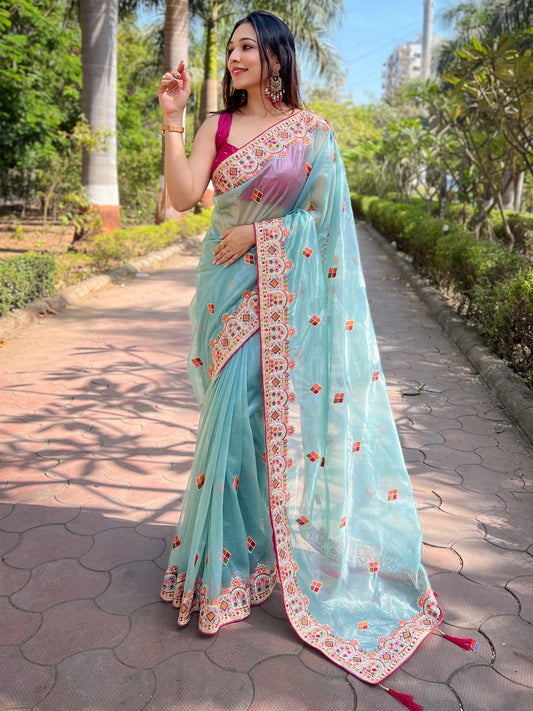 Women's Tissue Light Blue Embellished Designer Saree With Blouse Piece