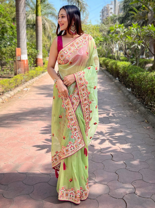 Women's Tissue Light Green Embellished Designer Saree With Blouse Piece
