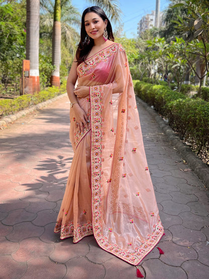 Women's Tissue Peach Embellished Designer Saree With Blouse Piece