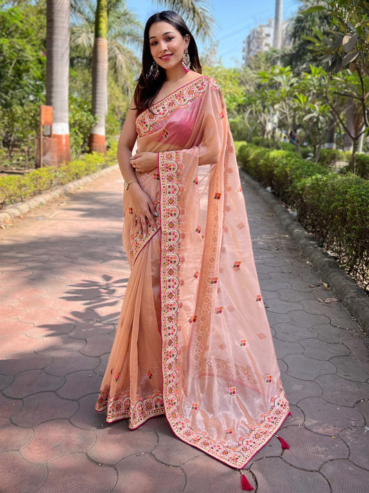 Women's Tissue Peach Embellished Designer Saree With Blouse Piece