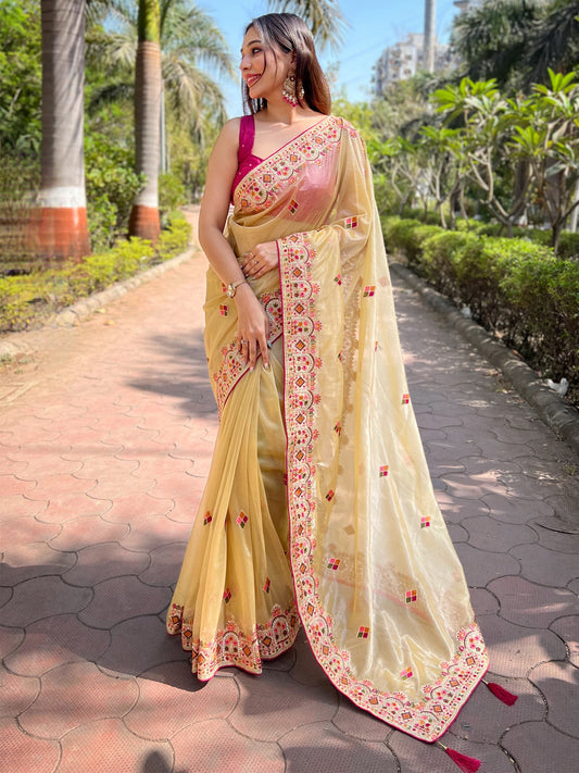 Women's Tissue Yellow Embellished Designer Saree With Blouse Piece