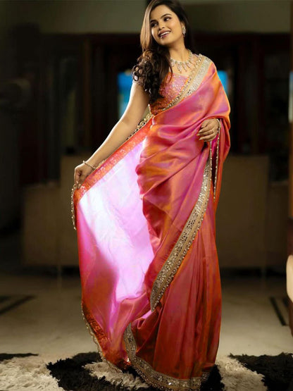 Women's Tissue Pink Embellished Designer Saree With Blouse Piece