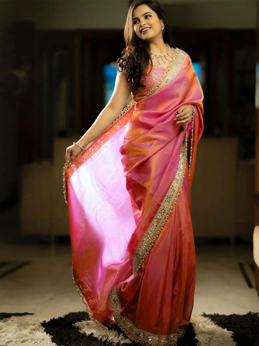 Women's Tissue Pink Embellished Designer Saree With Blouse Piece
