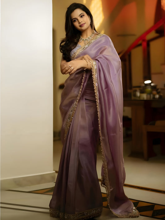 Women's Tissue Mauve Embellished Designer Saree With Blouse Piece