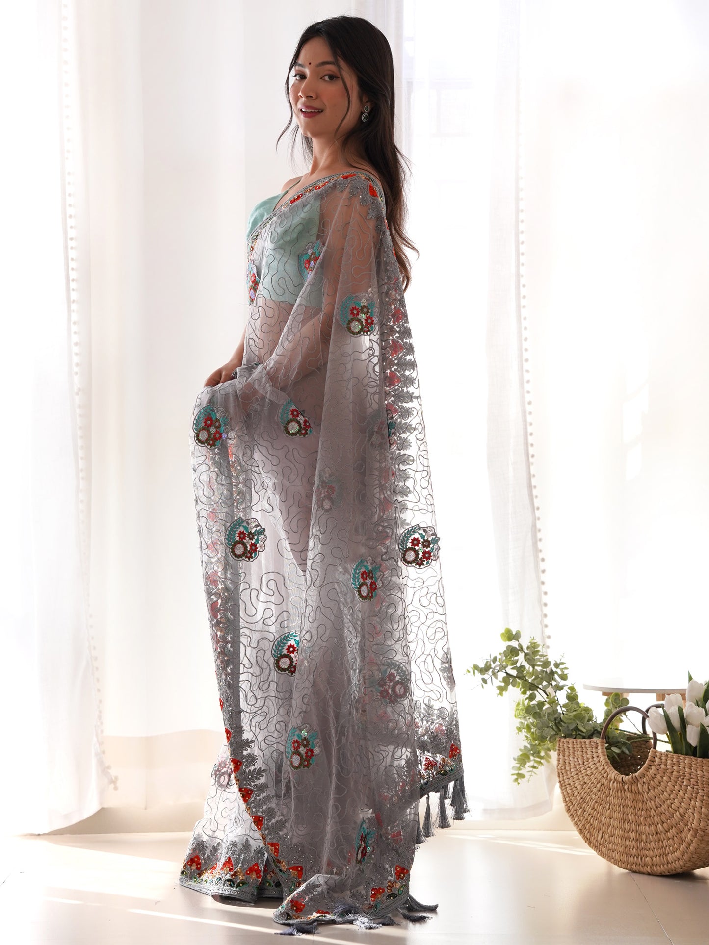 Women's Net Grey Embellished Designer Saree With Blouse Piece