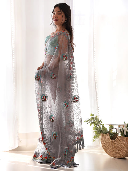 Women's Net Grey Embellished Designer Saree With Blouse Piece