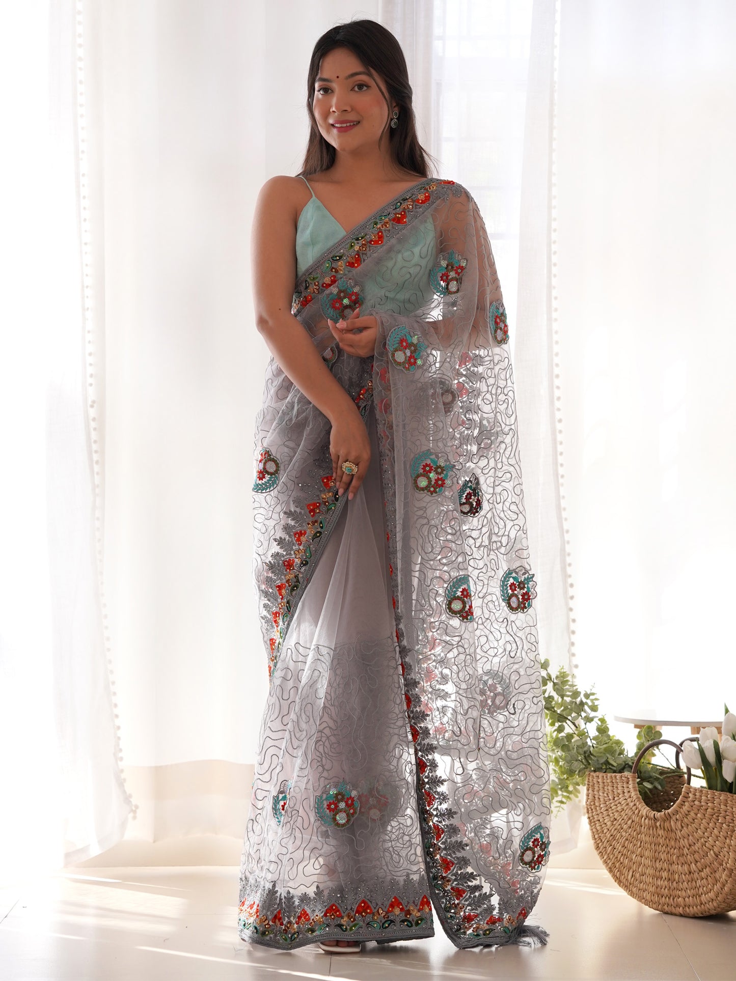Women's Net Grey Embellished Designer Saree With Blouse Piece