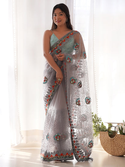 Women's Net Grey Embellished Designer Saree With Blouse Piece