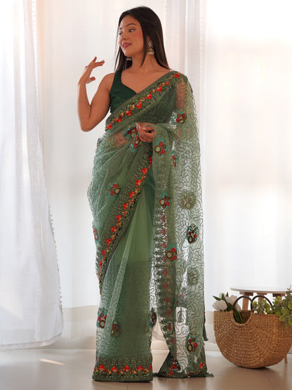 Women's Net Light Green Embellished Designer Saree With Blouse Piece