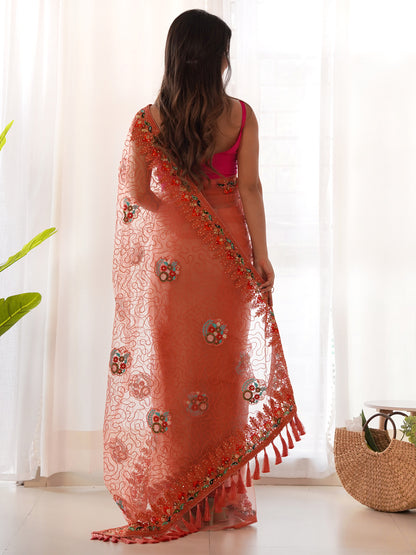 Women's Net Orange Embellished Designer Saree With Blouse Piece