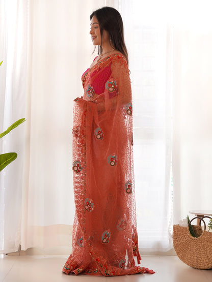 Women's Net Orange Embellished Designer Saree With Blouse Piece