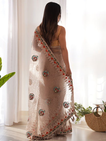 Women's Net Beige Embellished Designer Saree With Blouse Piece