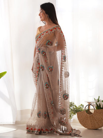 Women's Net Beige Embellished Designer Saree With Blouse Piece