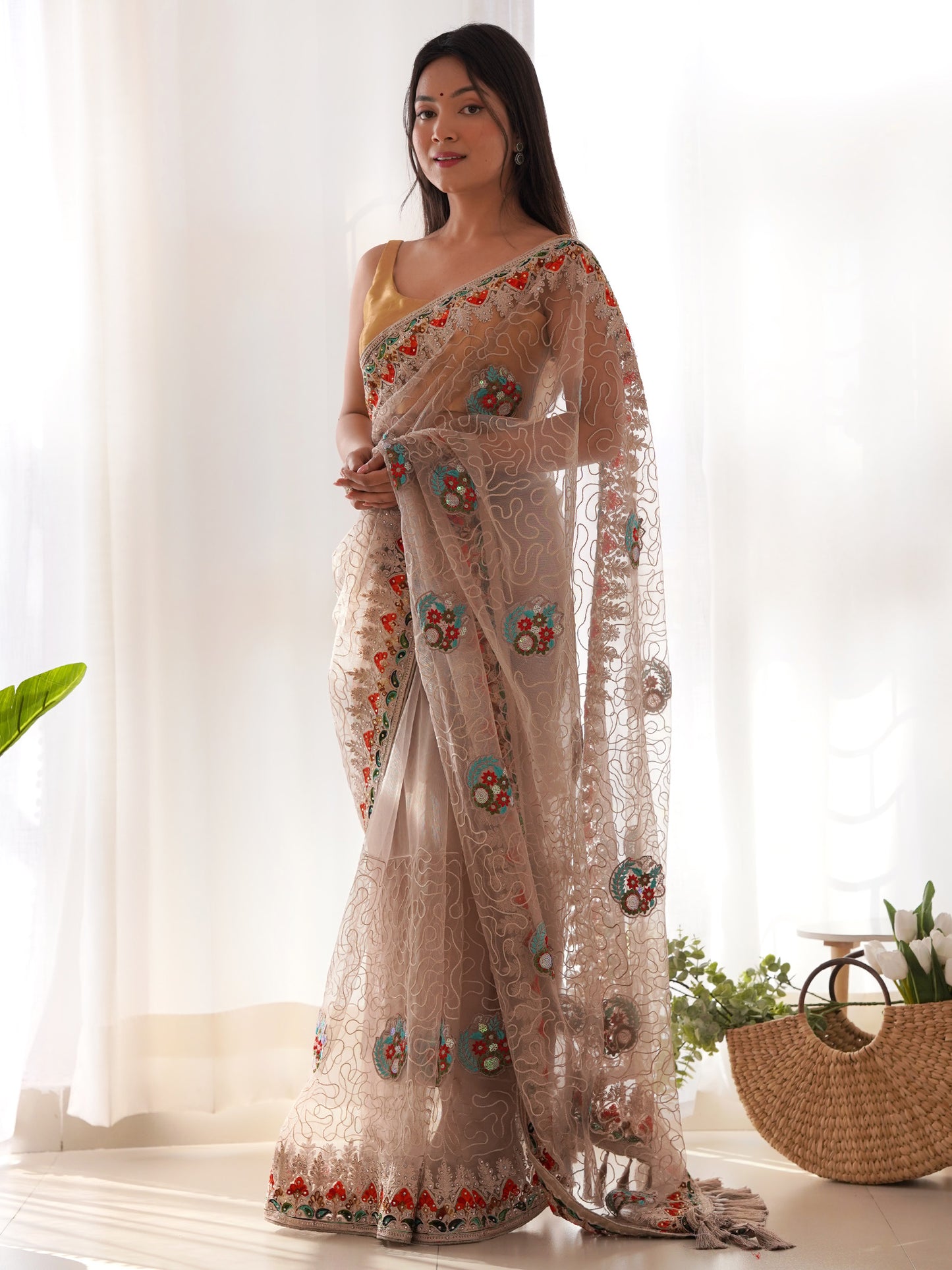 Women's Net Beige Embellished Designer Saree With Blouse Piece