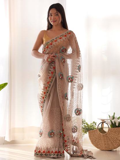 Women's Net Beige Embellished Designer Saree With Blouse Piece